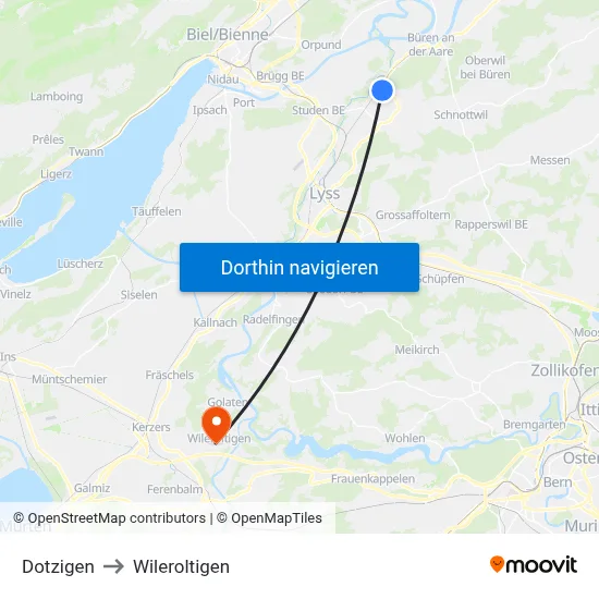 Dotzigen to Wileroltigen map