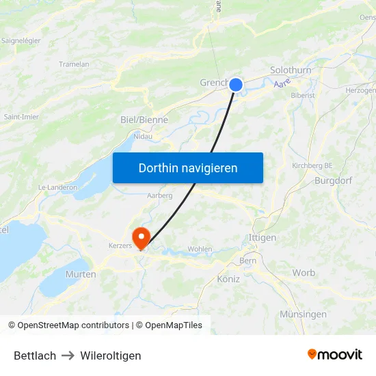 Bettlach to Wileroltigen map