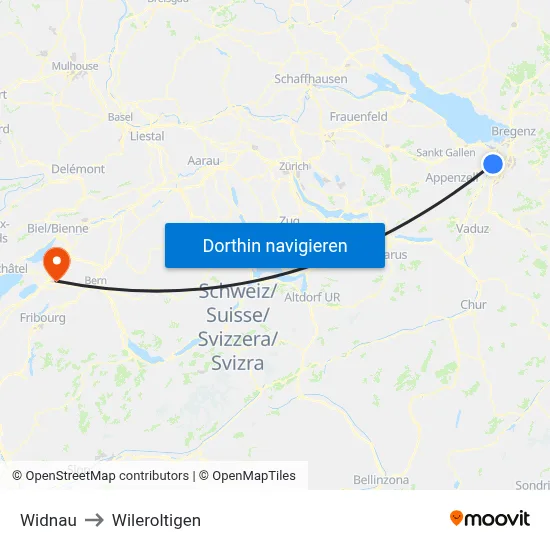 Widnau to Wileroltigen map