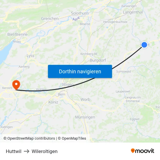 Huttwil to Wileroltigen map