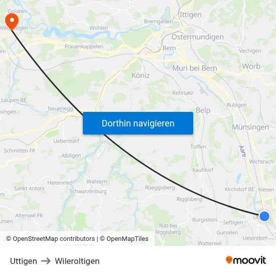 Uttigen to Wileroltigen map