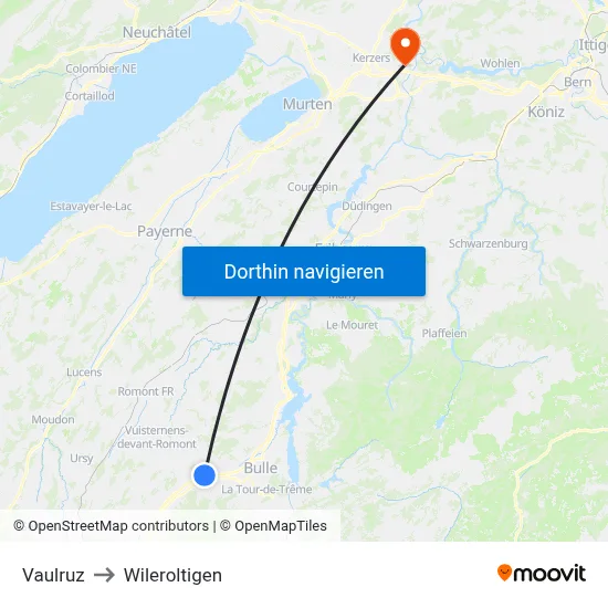 Vaulruz to Wileroltigen map