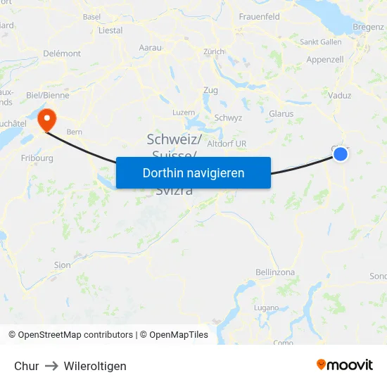 Chur to Wileroltigen map