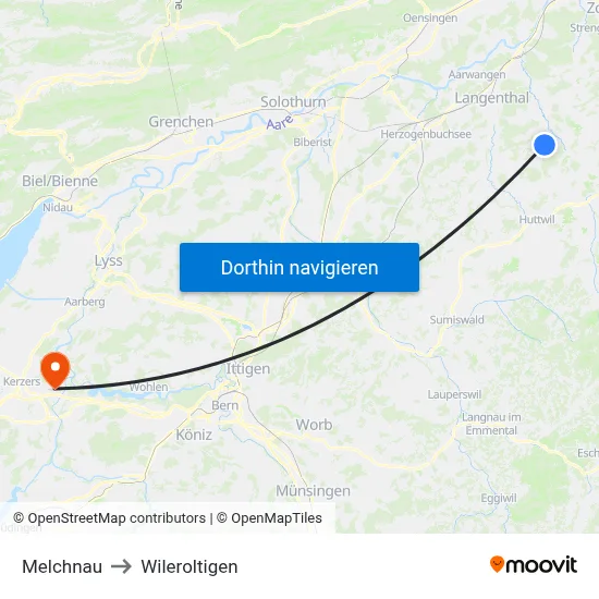 Melchnau to Wileroltigen map