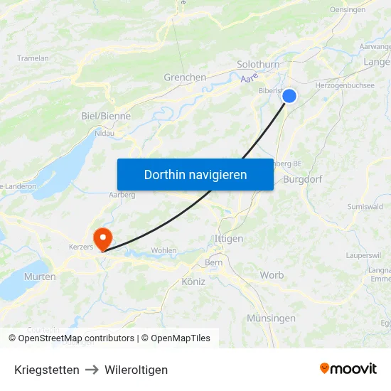 Kriegstetten to Wileroltigen map