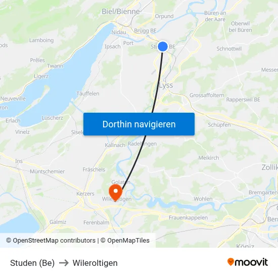 Studen (Be) to Wileroltigen map