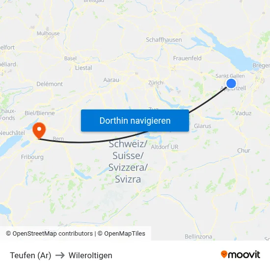 Teufen (Ar) to Wileroltigen map