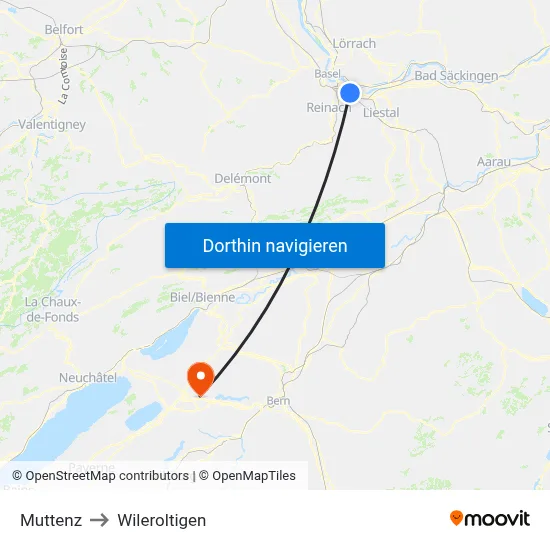 Muttenz to Wileroltigen map