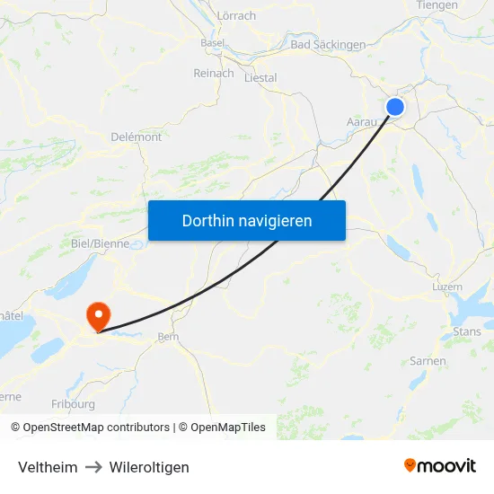 Veltheim to Wileroltigen map