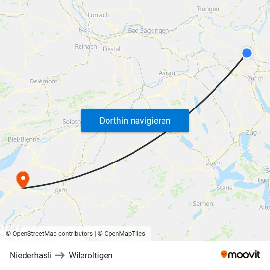 Niederhasli to Wileroltigen map