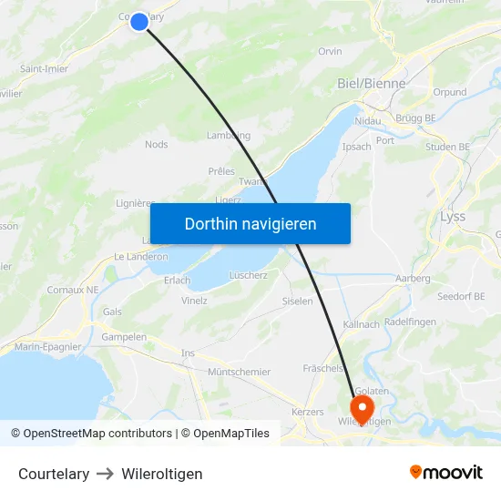 Courtelary to Wileroltigen map