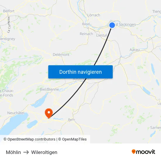 Möhlin to Wileroltigen map