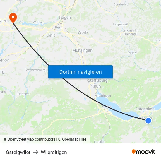 Gsteigwiler to Wileroltigen map