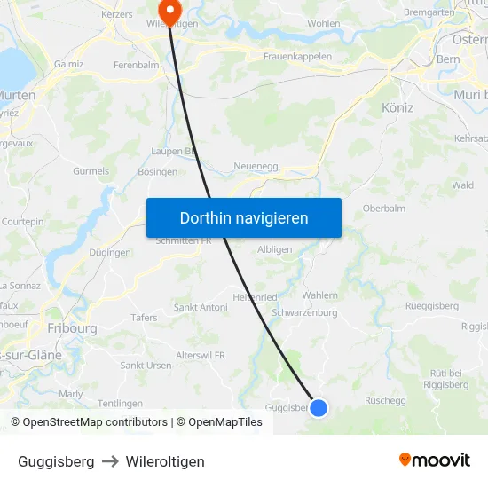 Guggisberg to Wileroltigen map