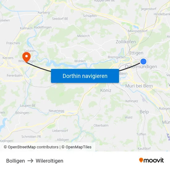 Bolligen to Wileroltigen map