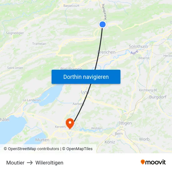 Moutier to Wileroltigen map