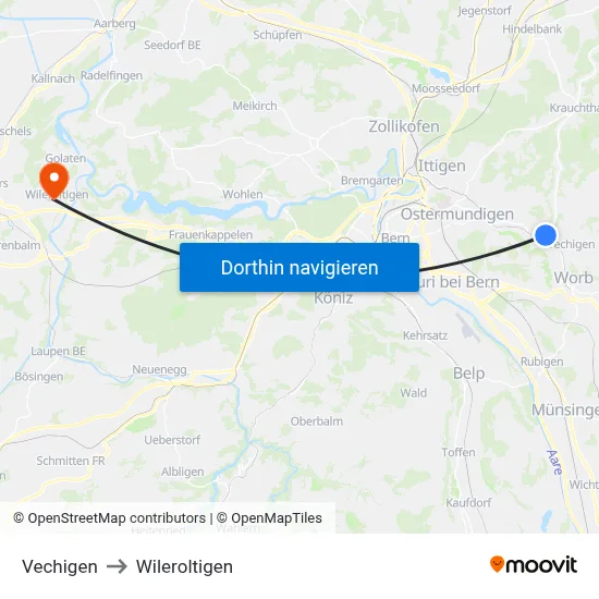 Vechigen to Wileroltigen map