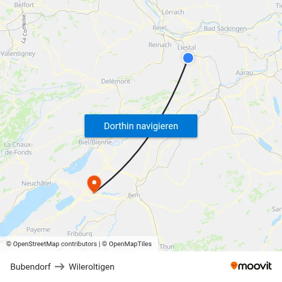 Bubendorf to Wileroltigen map