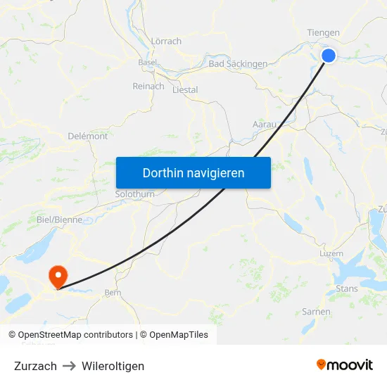Zurzach to Wileroltigen map