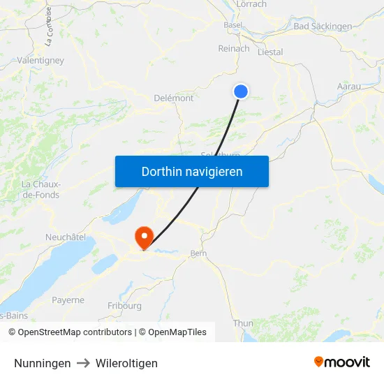 Nunningen to Wileroltigen map