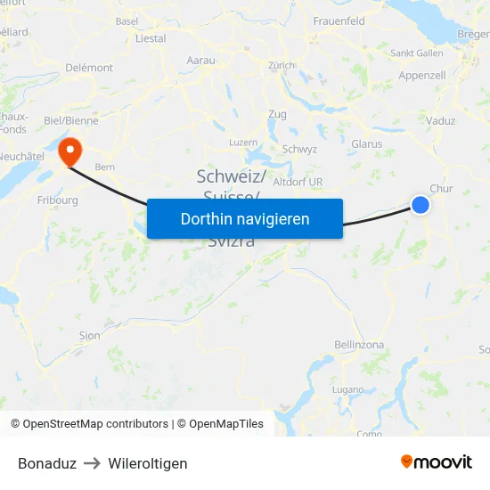 Bonaduz to Wileroltigen map