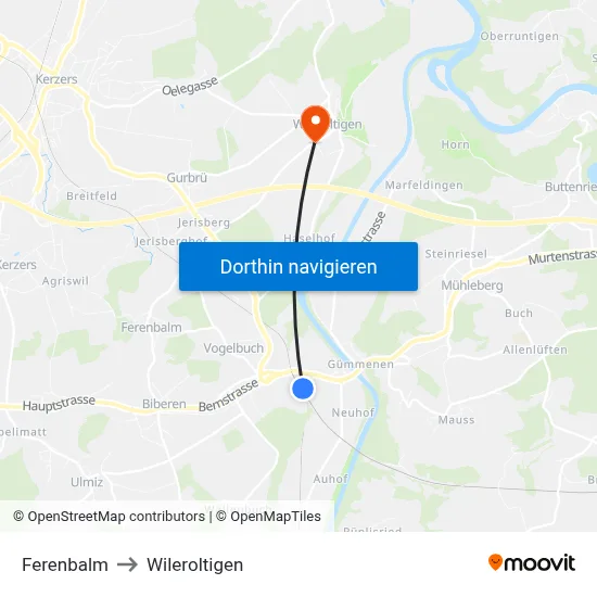 Ferenbalm to Wileroltigen map