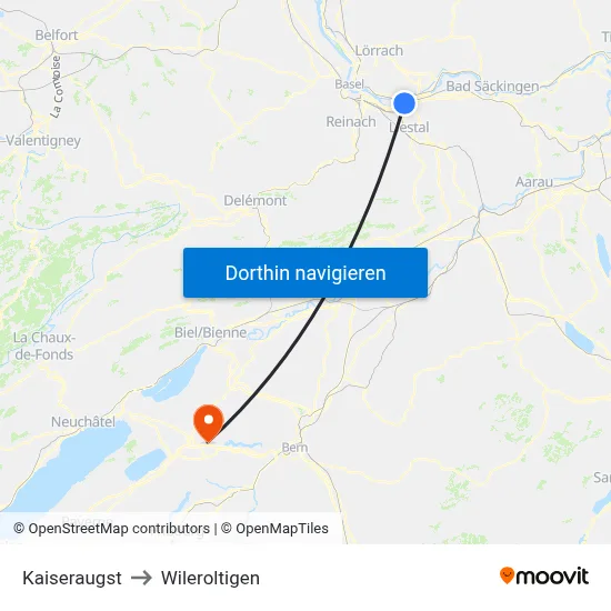 Kaiseraugst to Wileroltigen map