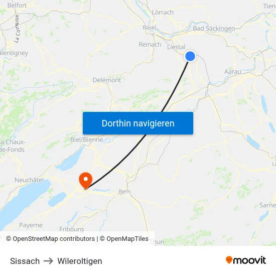 Sissach to Wileroltigen map