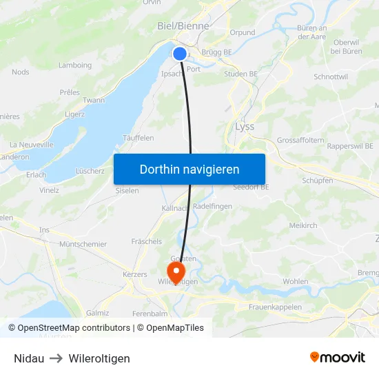 Nidau to Wileroltigen map