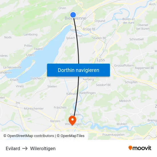 Evilard to Wileroltigen map
