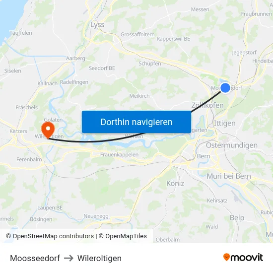 Moosseedorf to Wileroltigen map