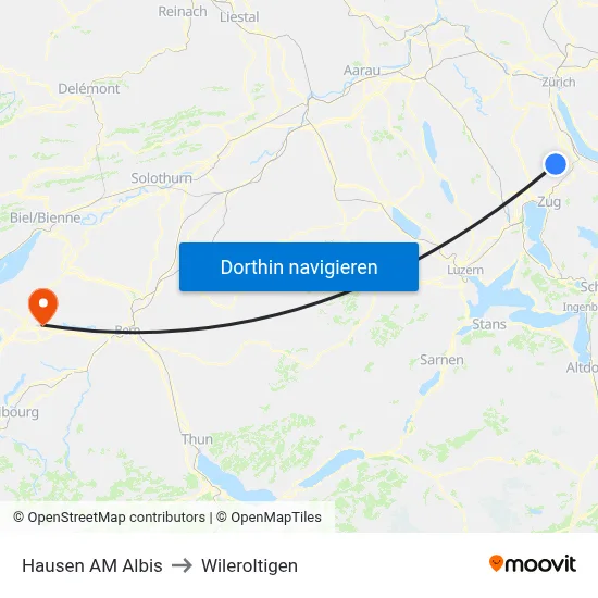 Hausen AM Albis to Wileroltigen map