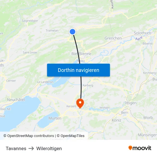 Tavannes to Wileroltigen map