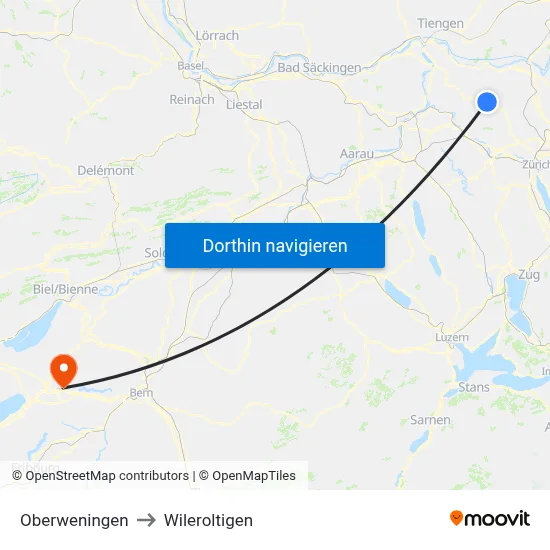 Oberweningen to Wileroltigen map