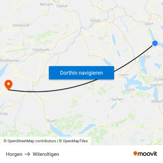 Horgen to Wileroltigen map