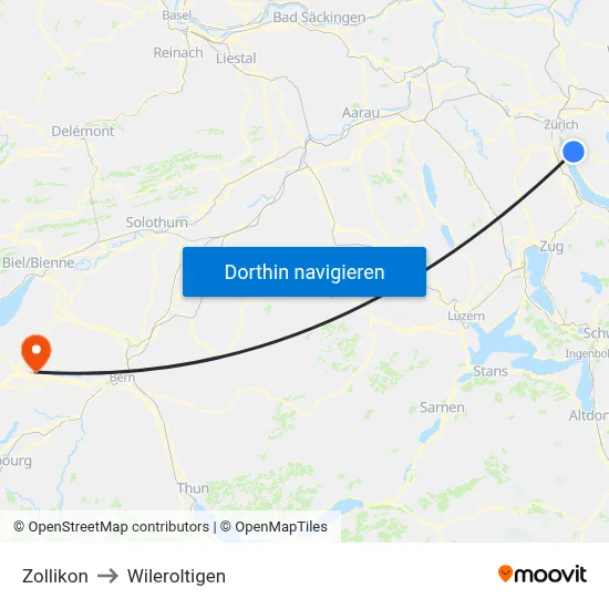Zollikon to Wileroltigen map