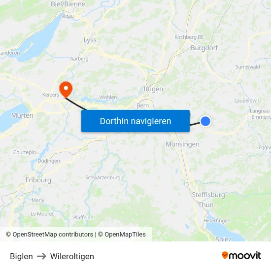 Biglen to Wileroltigen map