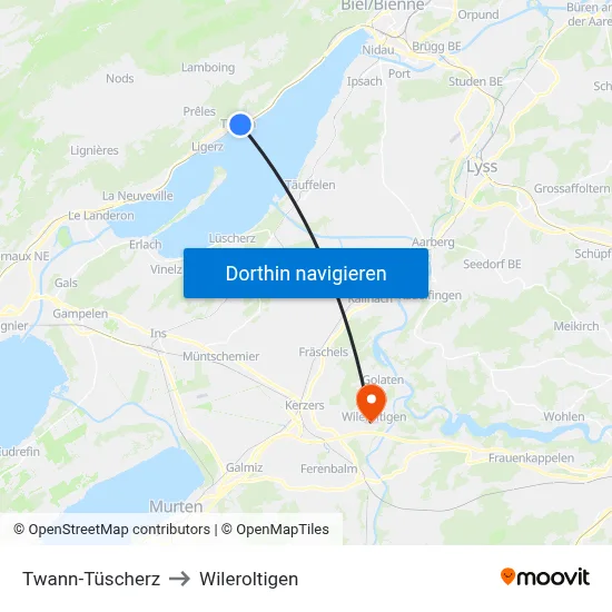 Twann-Tüscherz to Wileroltigen map