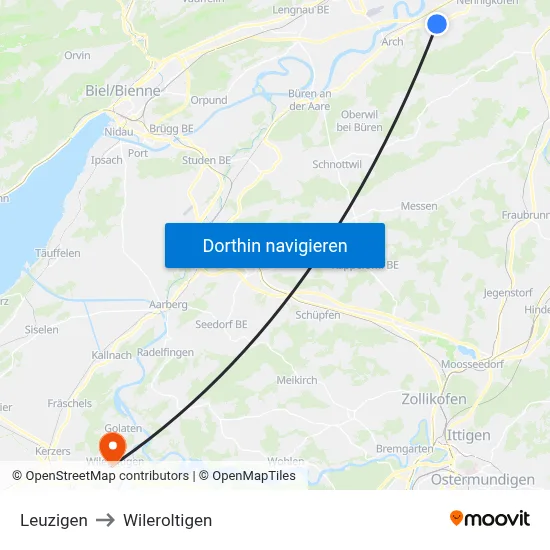Leuzigen to Wileroltigen map