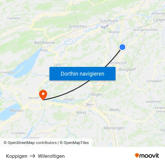Koppigen to Wileroltigen map
