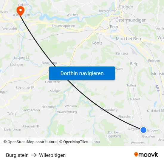 Burgistein to Wileroltigen map