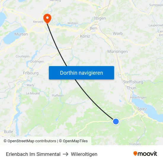 Erlenbach Im Simmental to Wileroltigen map