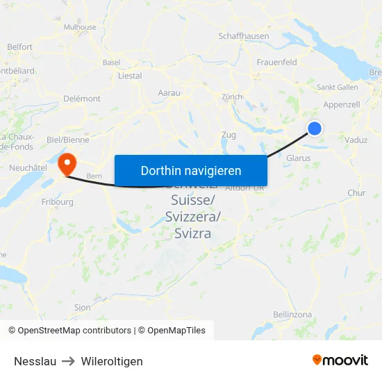 Nesslau to Wileroltigen map