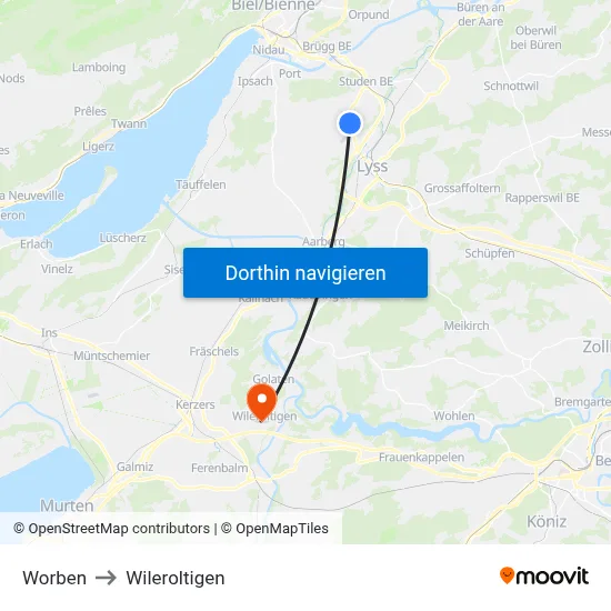 Worben to Wileroltigen map