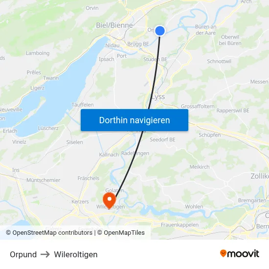 Orpund to Wileroltigen map