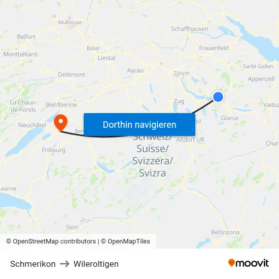 Schmerikon to Wileroltigen map
