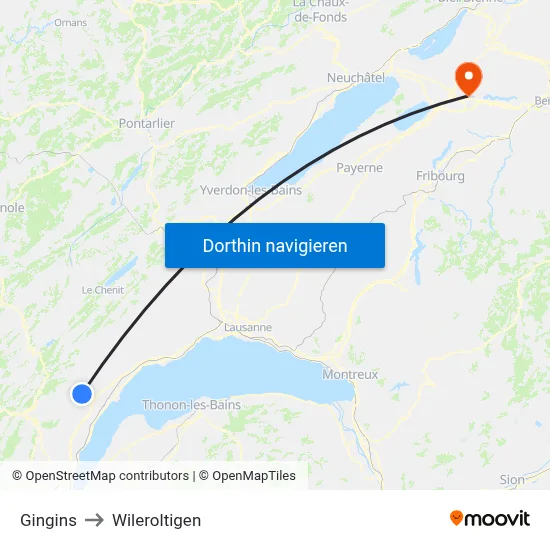 Gingins to Wileroltigen map