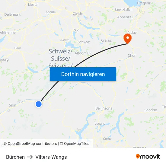 Bürchen to Vilters-Wangs map