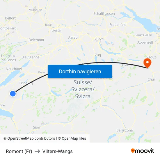 Romont (Fr) to Vilters-Wangs map