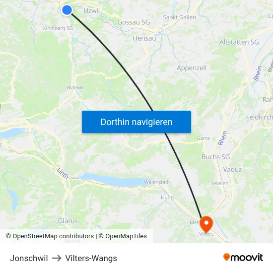 Jonschwil to Vilters-Wangs map